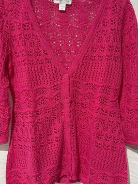 Christopher & Banks Bright Pink Open-Knit Button Cardigan